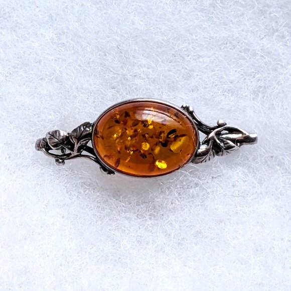 Vintage Sterling Silver 925 Baltic Honey Amber Rose Leaf Leaves Pin Brooch - Picture 1 of 7